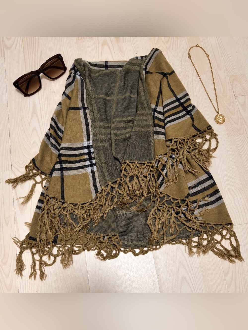 Open-Front Fringed Plaid Shawl Cardigan